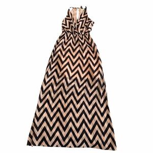 Gianni Bini Chevron Halter Maxi Dress XS Black & Tan Backless Lined